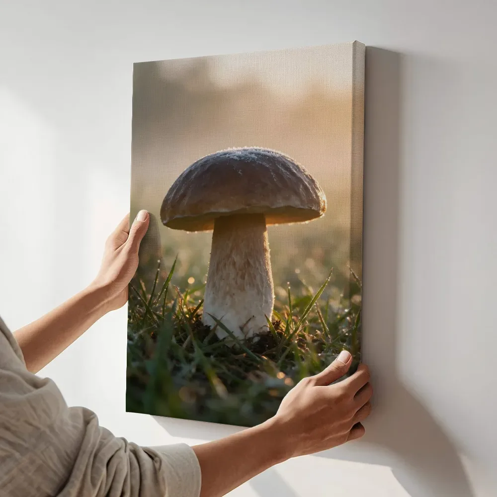 Sfeerimpressie: Paddenstoel in de ochtendmist 6 terwijl het aan de muur wordt gehangen