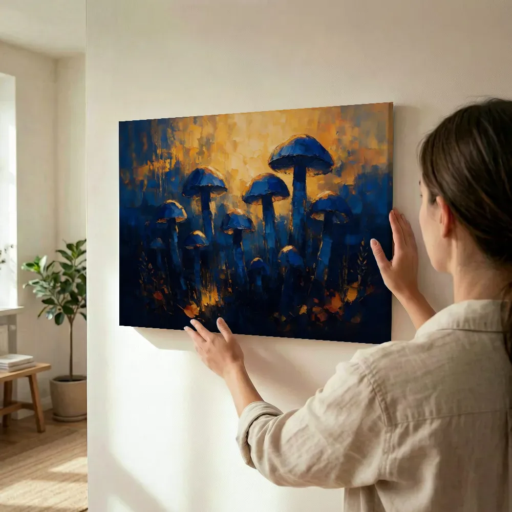 Sfeerimpressie: Paddenstoel in groepjes in diepblauw terwijl het wordt opgehangen