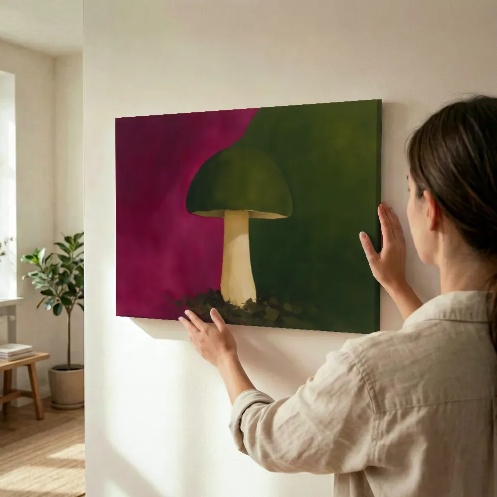 Sfeerimpressie: Paddenstoel in magenta en olijfgroen terwijl het wordt opgehangen
