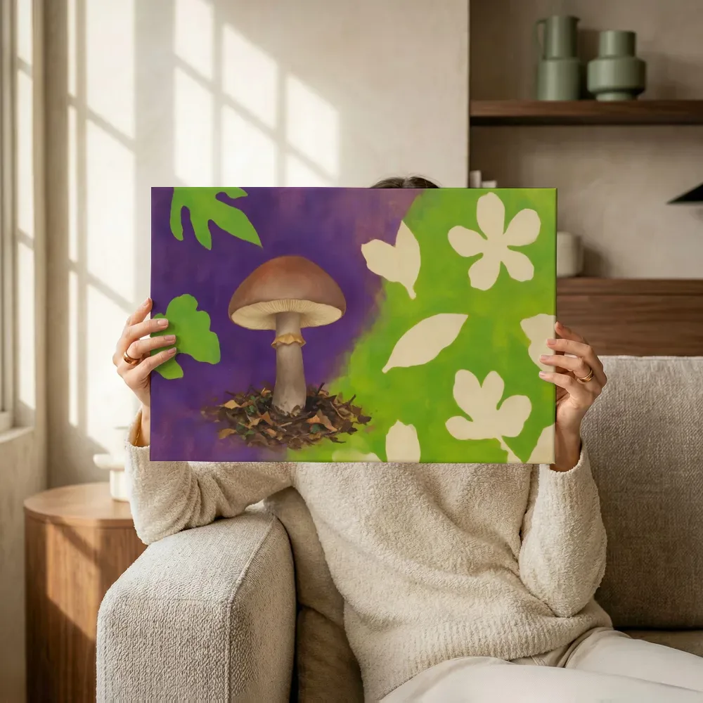 Sfeerimpressie: Paddenstoel in violet en limoen terwijl het omhoog wordt gehouden