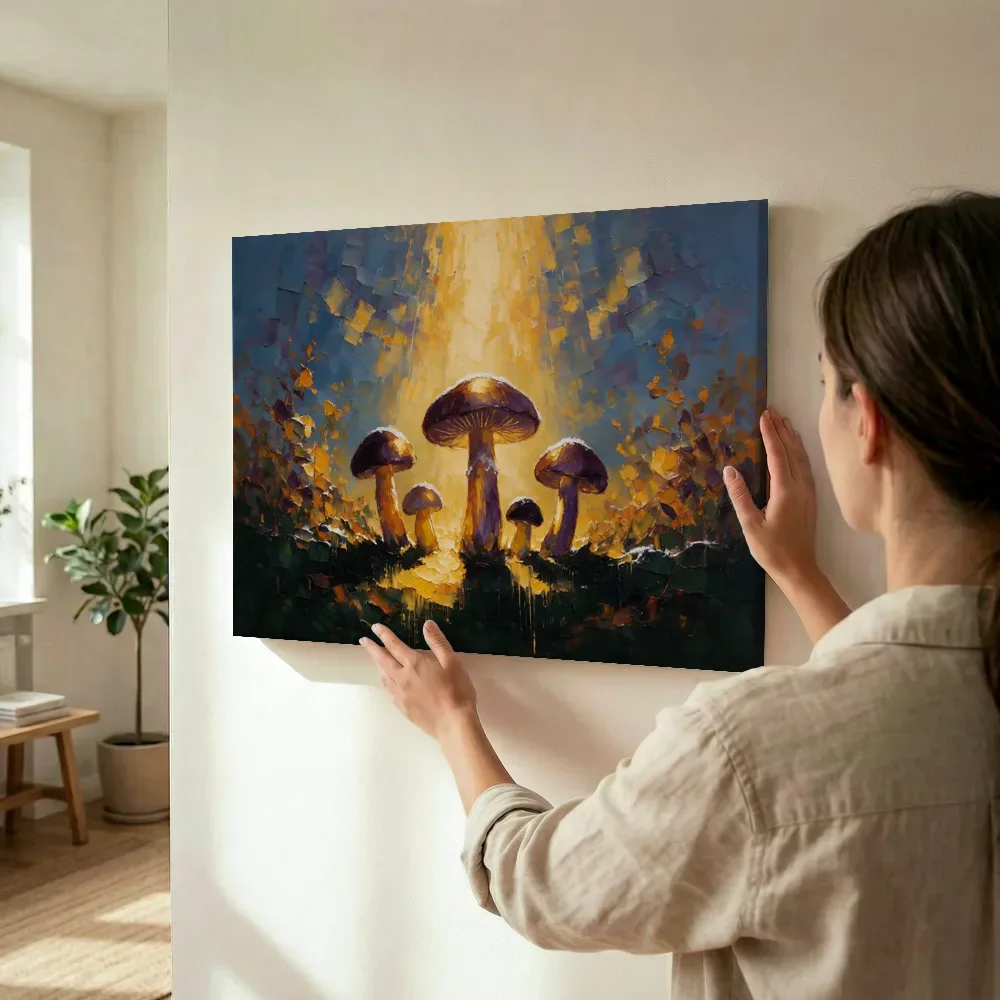 Sfeerimpressie: Paddenstoel tegen de lucht in aubergine terwijl het wordt opgehangen