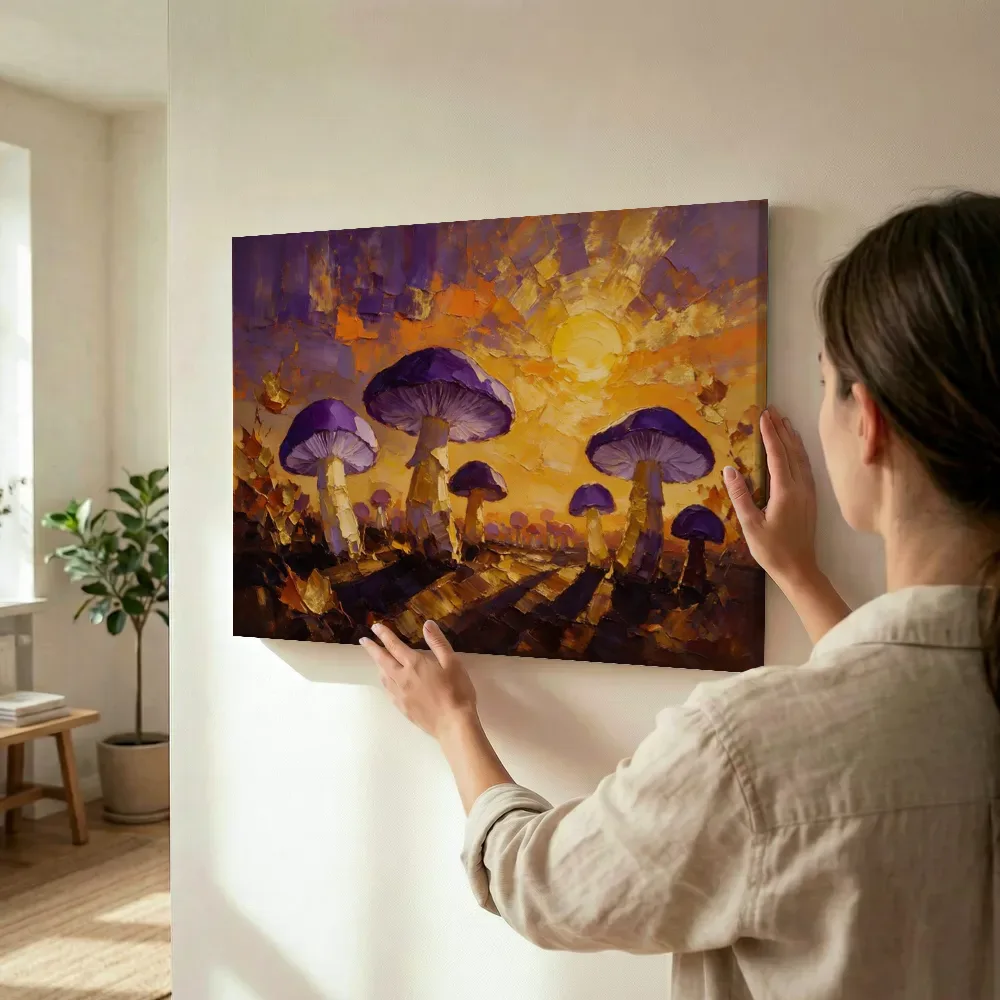Sfeerimpressie: Paddenstoel tegen de lucht in paarsoranje terwijl het wordt opgehangen
