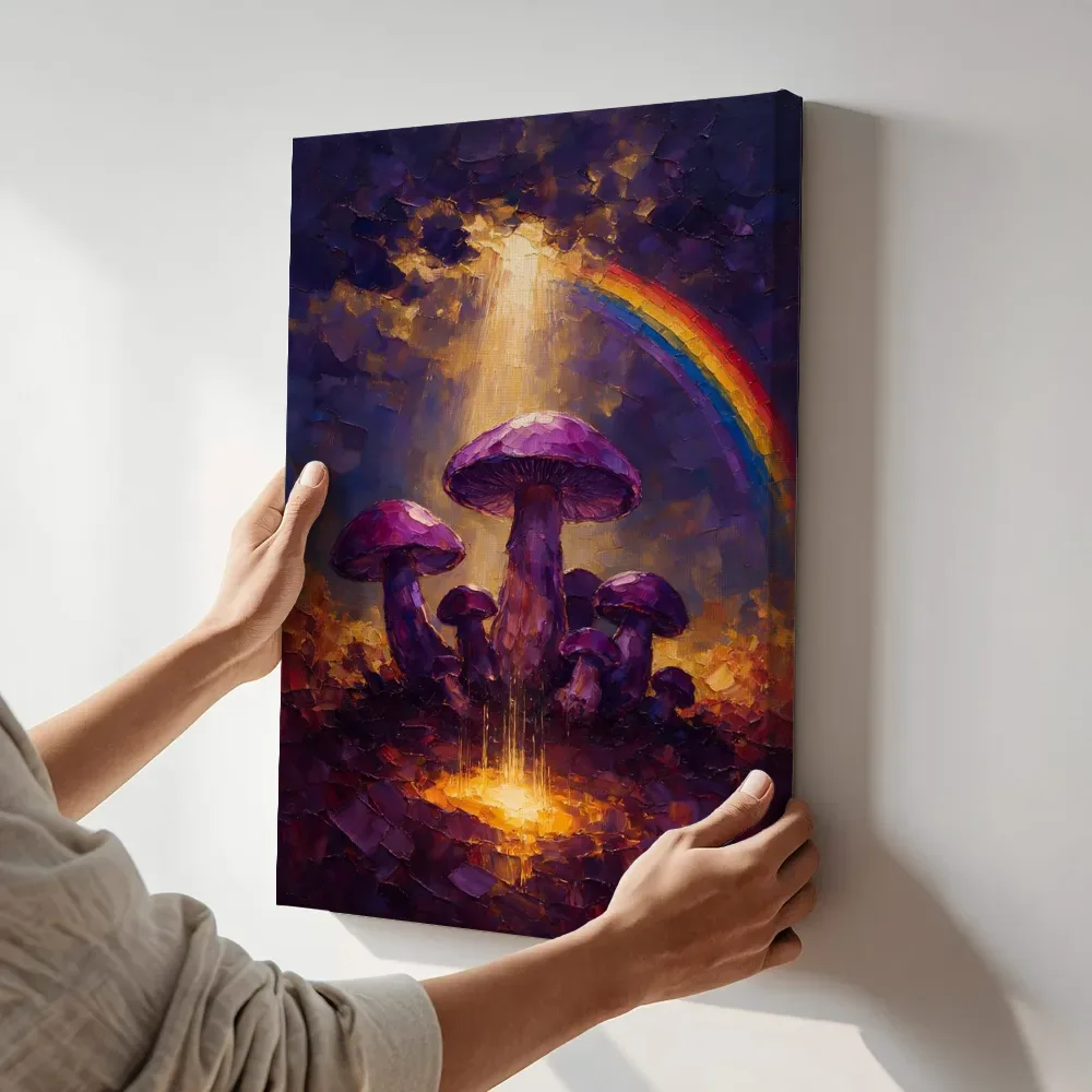 Sfeerimpressie: Paddenstoel tegen de lucht in violet terwijl het aan de muur wordt gehangen