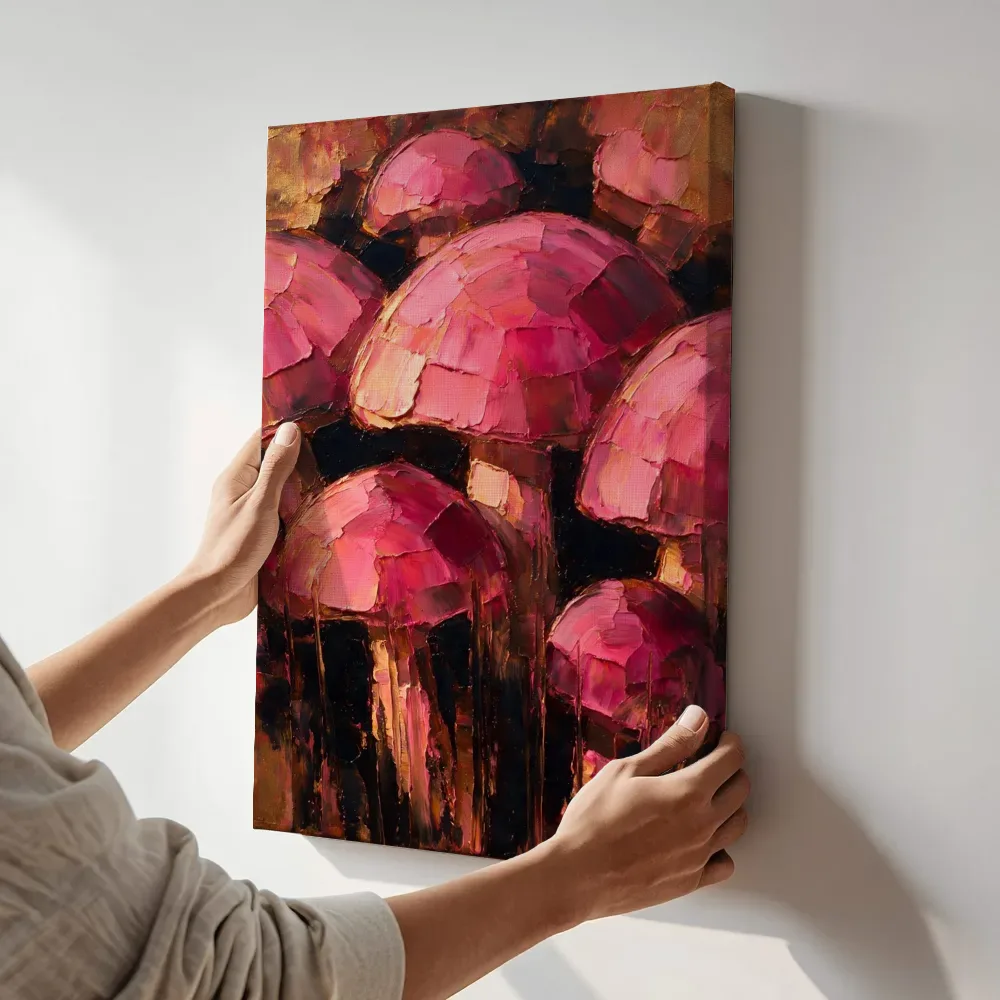 Sfeerimpressie: Paddenstoel van dichtbij in fuchsia terwijl het aan de muur wordt gehangen