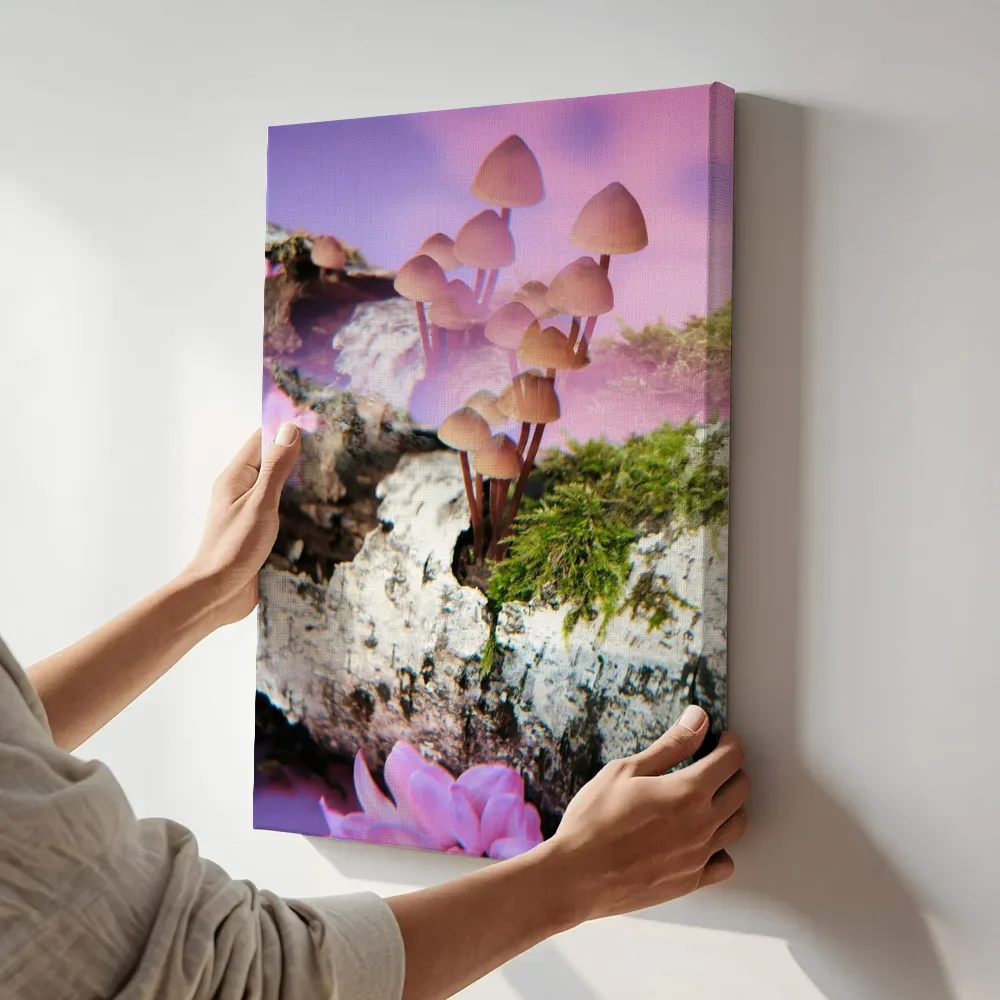 Sfeerimpressie: Paddenstoelen in roze sprookjeslicht terwijl het aan de muur wordt gehangen