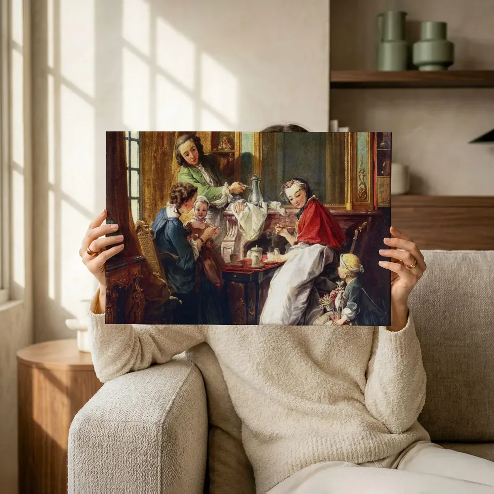 Sfeerimpressie: Een gezin aan het ontbijt van François Boucher terwijl het omhoog wordt gehouden