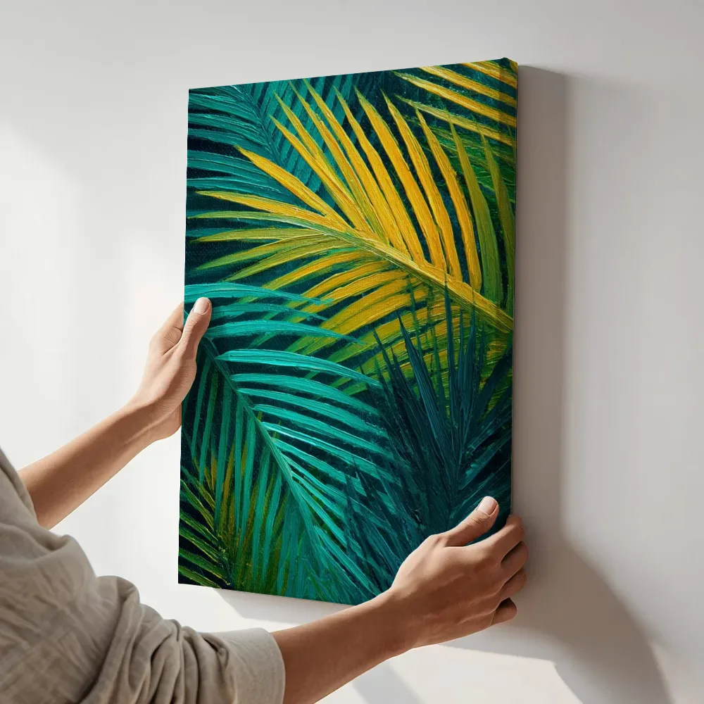 Sfeerimpressie: Palmbladeren in teal en goud terwijl het aan de muur wordt gehangen