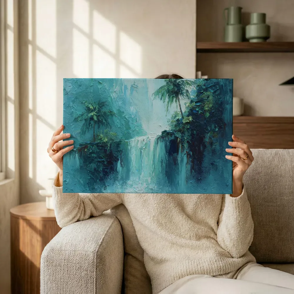 Sfeerimpressie: Palmbomen bij jungle-waterval terwijl het omhoog wordt gehouden