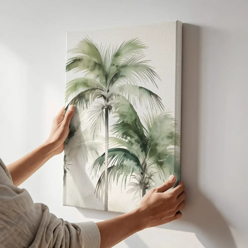 Sfeerimpressie: Palmbomen tegen blauwe lucht terwijl het aan de muur wordt gehangen