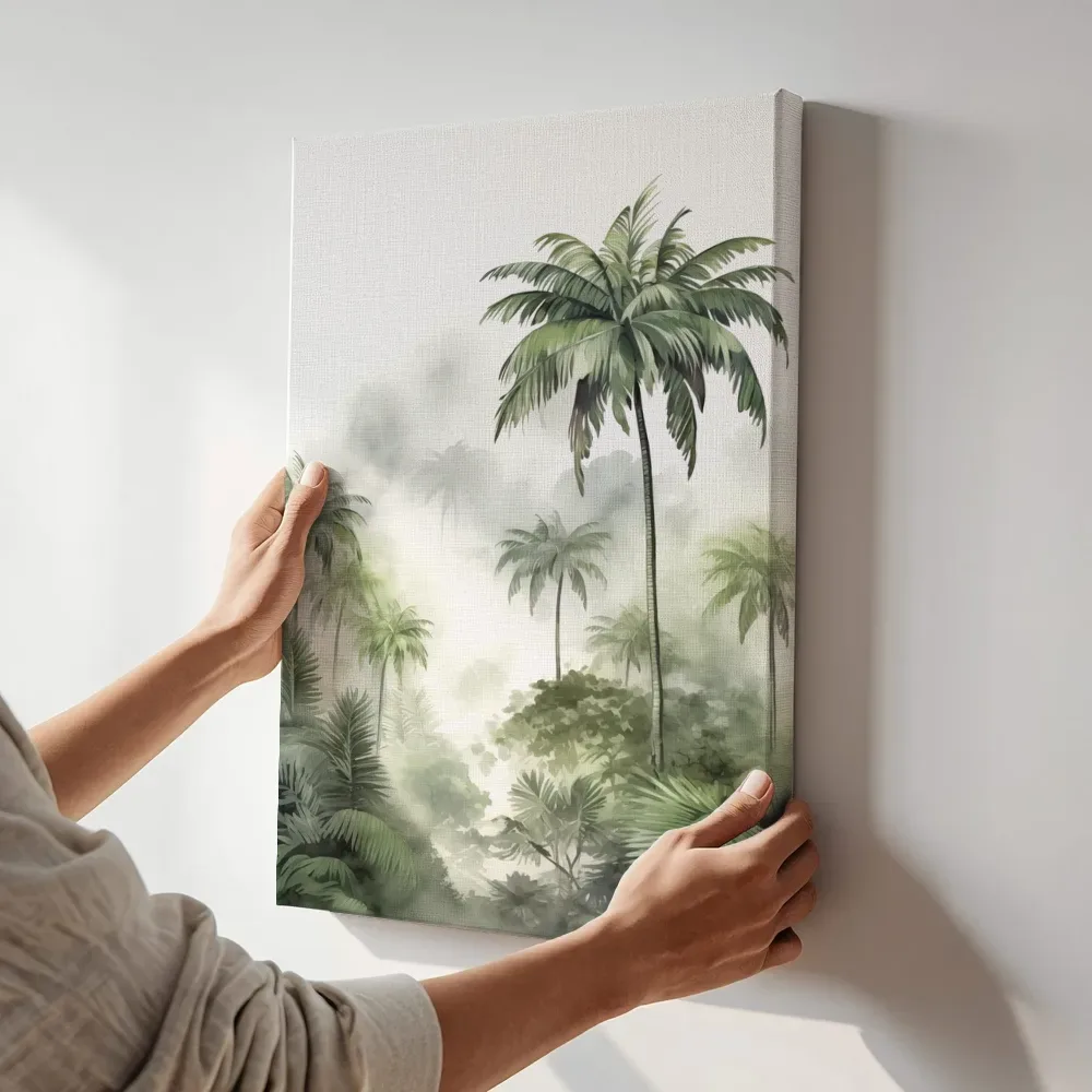 Sfeerimpressie: Palmbomen in nevelige jungle terwijl het aan de muur wordt gehangen