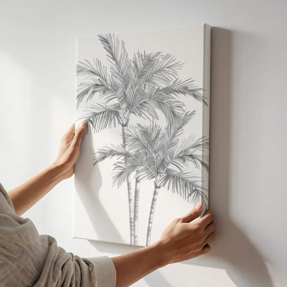 Sfeerimpressie: Palmbladeren schetstekening terwijl het aan de muur wordt gehangen