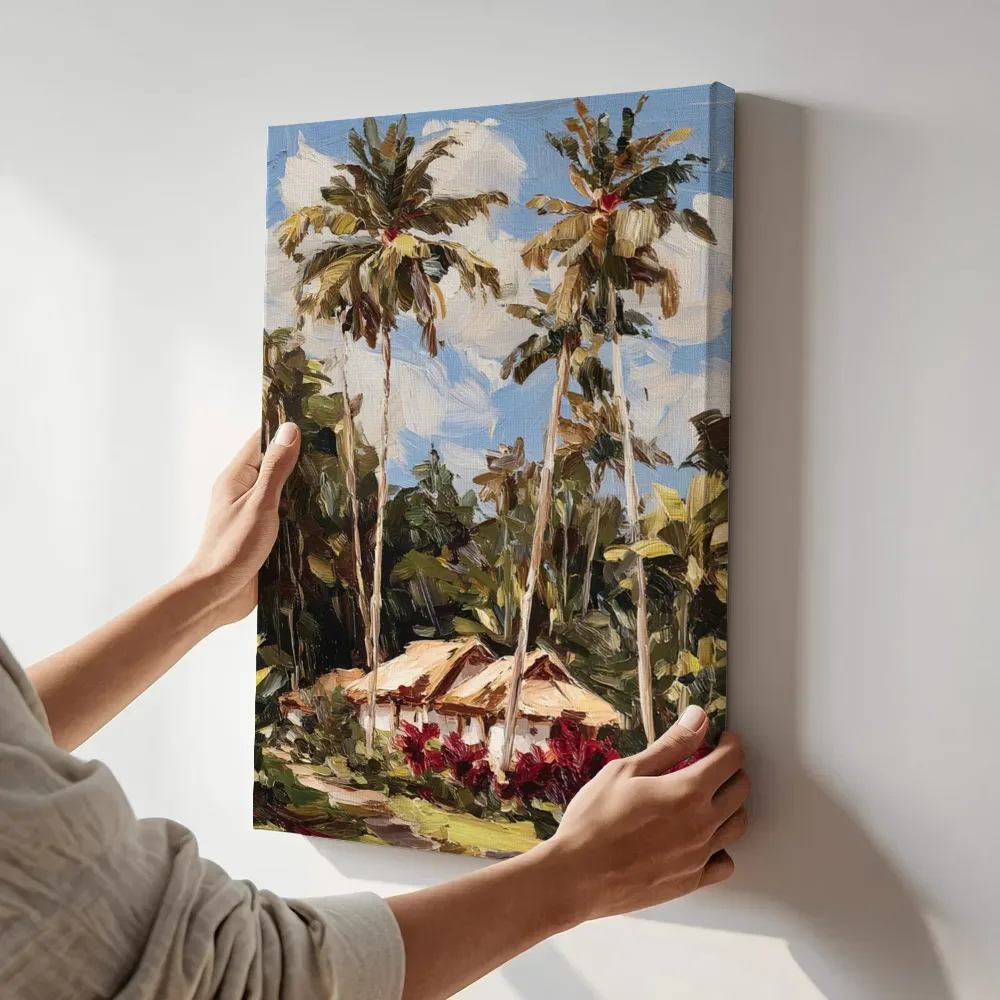 Sfeerimpressie: Tropisch landschap met palmbomen terwijl het aan de muur wordt gehangen