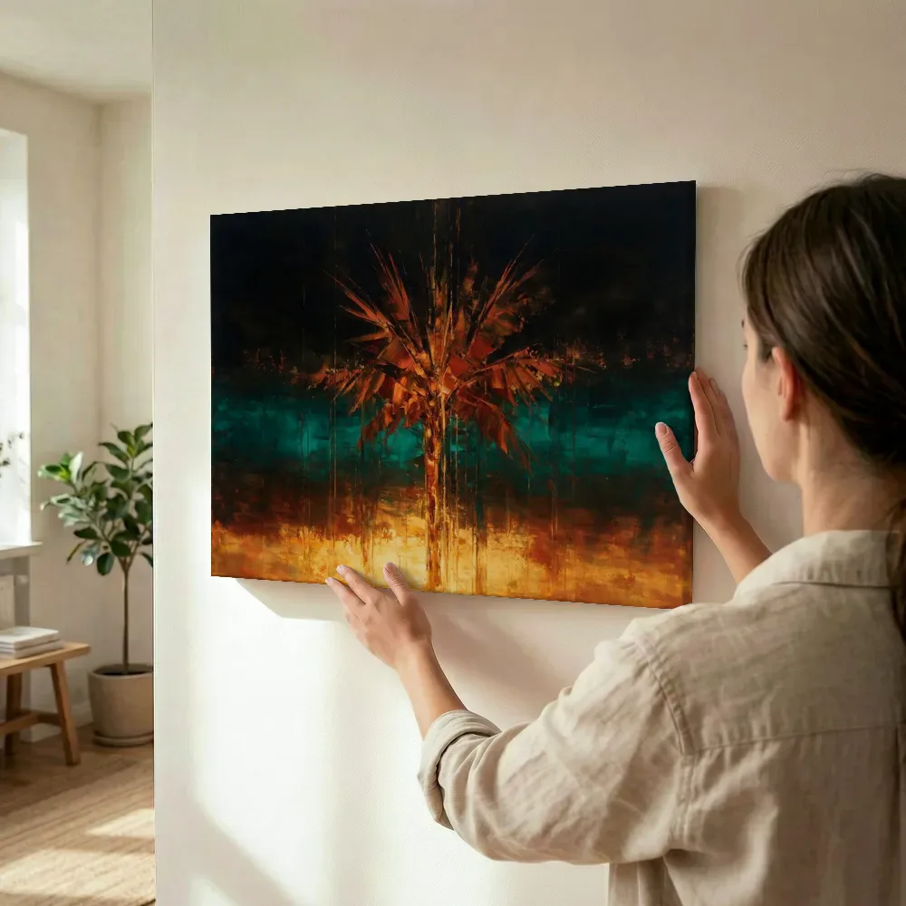 Sfeerimpressie: Palmboom in roestturkoois terwijl het wordt opgehangen