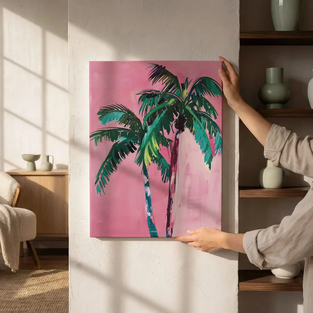 Sfeerimpressie: Palmboom in roze naast de kast