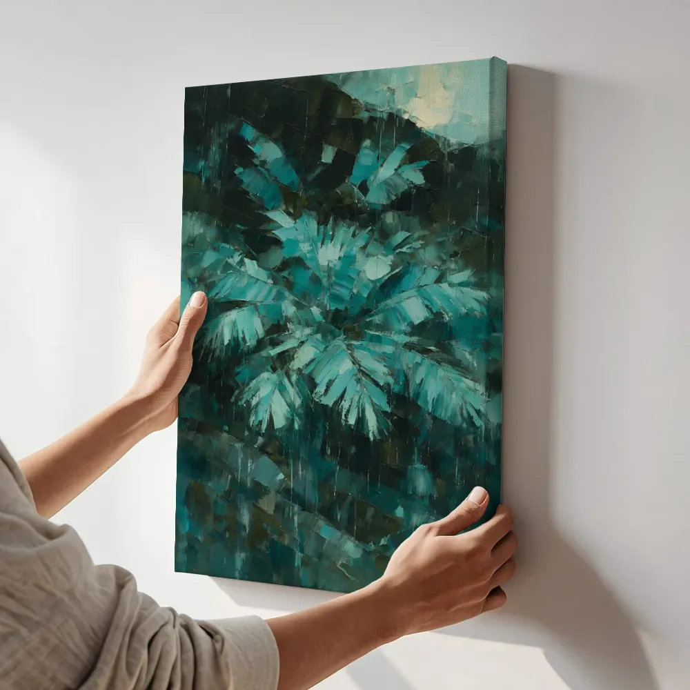 Sfeerimpressie: Palmboom op de helling in turkoois terwijl het aan de muur wordt gehangen