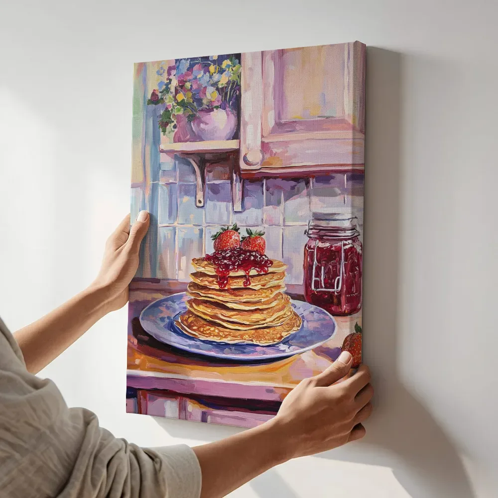 Sfeerimpressie: Pannenkoeken met bosvruchtenjam terwijl het aan de muur wordt gehangen
