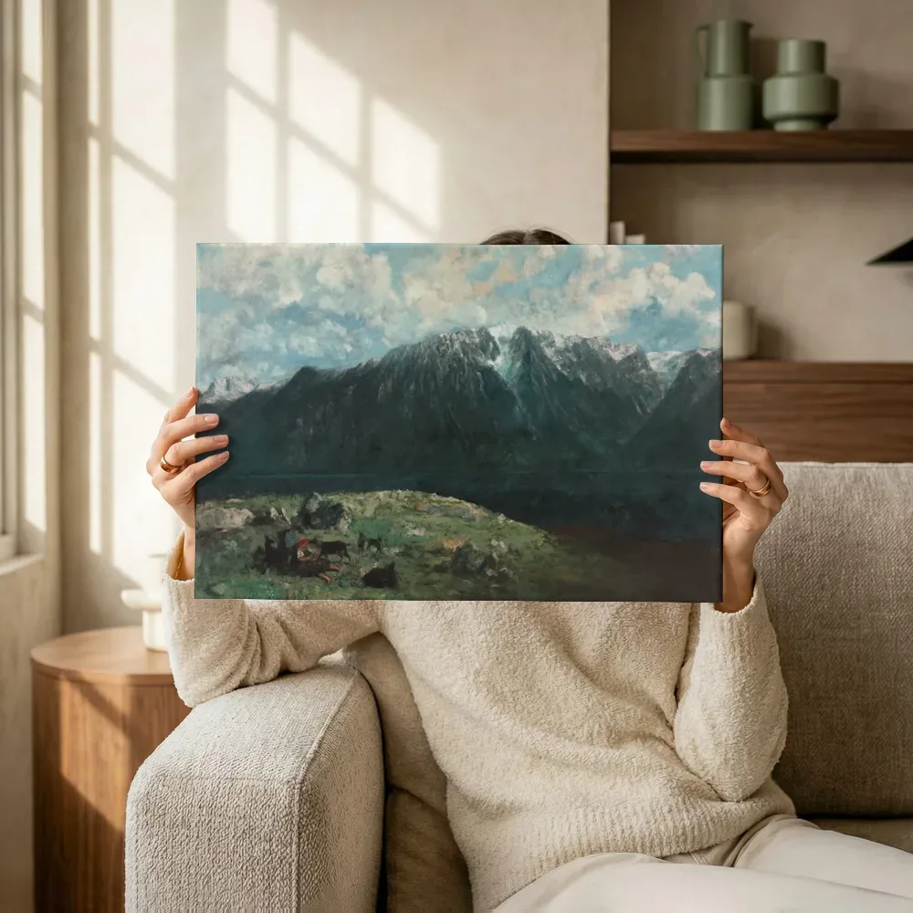 Sfeerimpressie: Panoramisch gezicht op de Alpen, Les Dents du Midi van Gustave Courbet terwijl het omhoog wordt gehouden