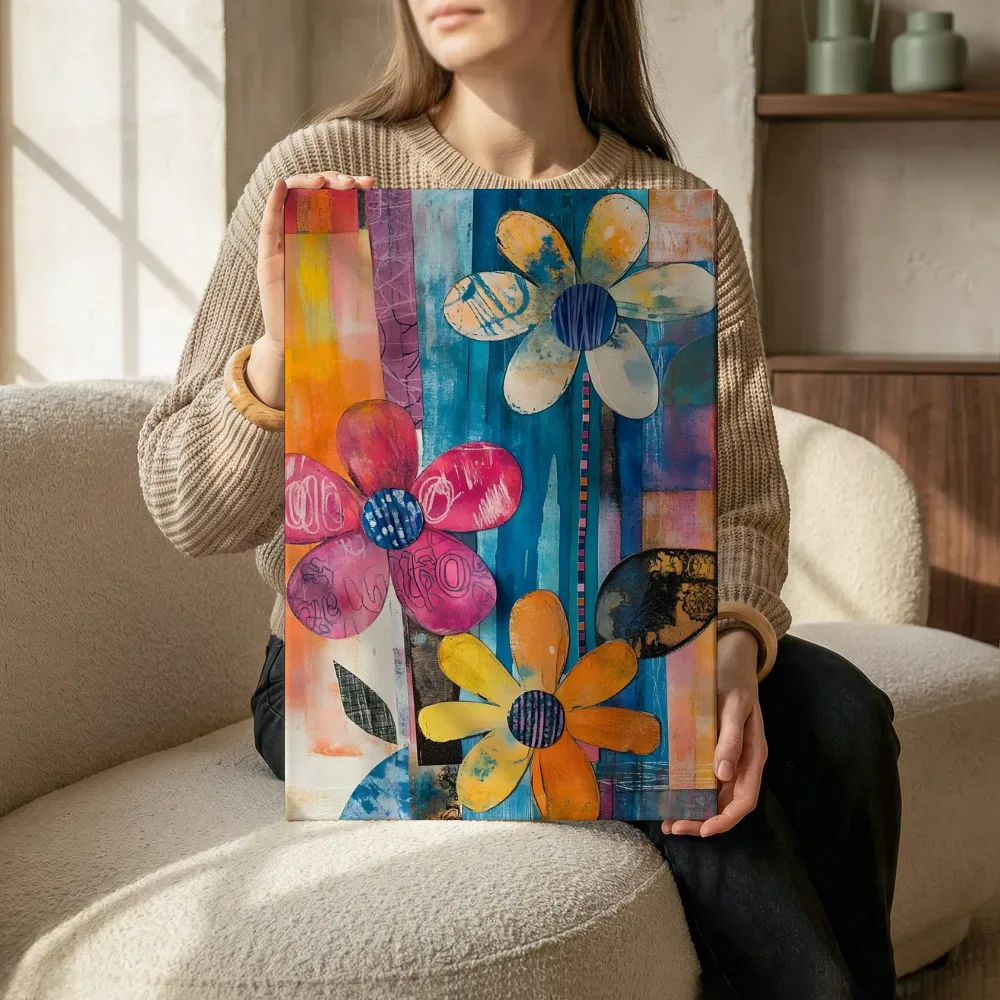 Sfeerimpressie: Papieren bloemen collage terwijl het zittend wordt getoond