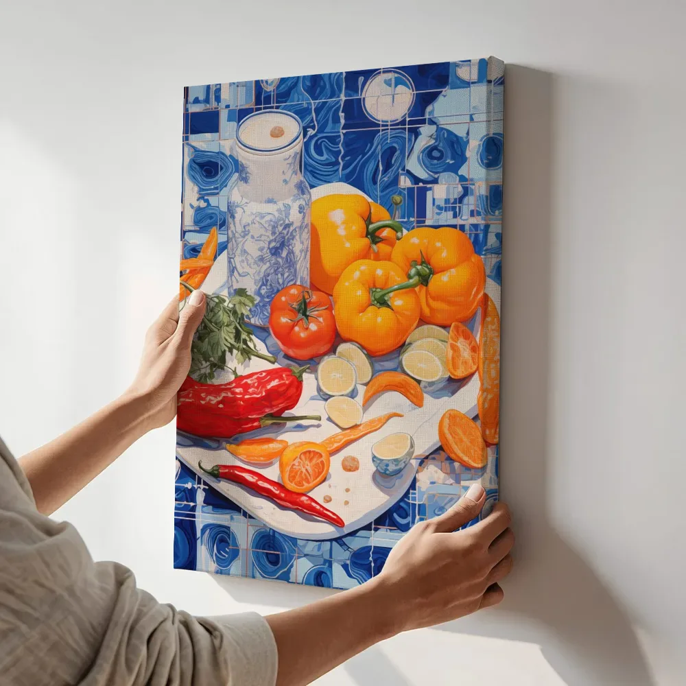 Sfeerimpressie: Paprika's en tomaten op blauw tegelwerk terwijl het aan de muur wordt gehangen