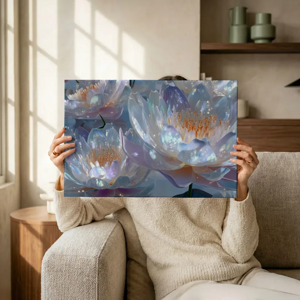 Sfeerimpressie: Parelmoeren lotus met vurige meeldraden terwijl het omhoog wordt gehouden