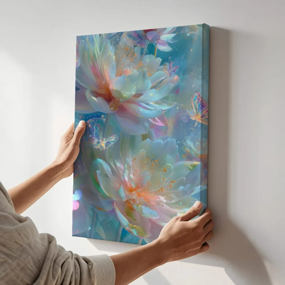 Sfeerimpressie: Parelmoeren lotusbloemen terwijl het aan de muur wordt gehangen