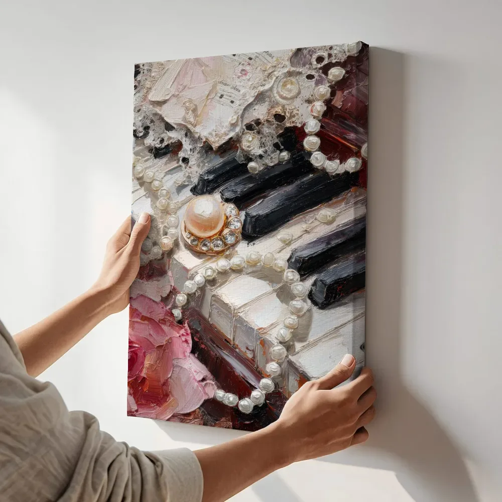 Sfeerimpressie: Parels en broche op pianotoetsen terwijl het aan de muur wordt gehangen