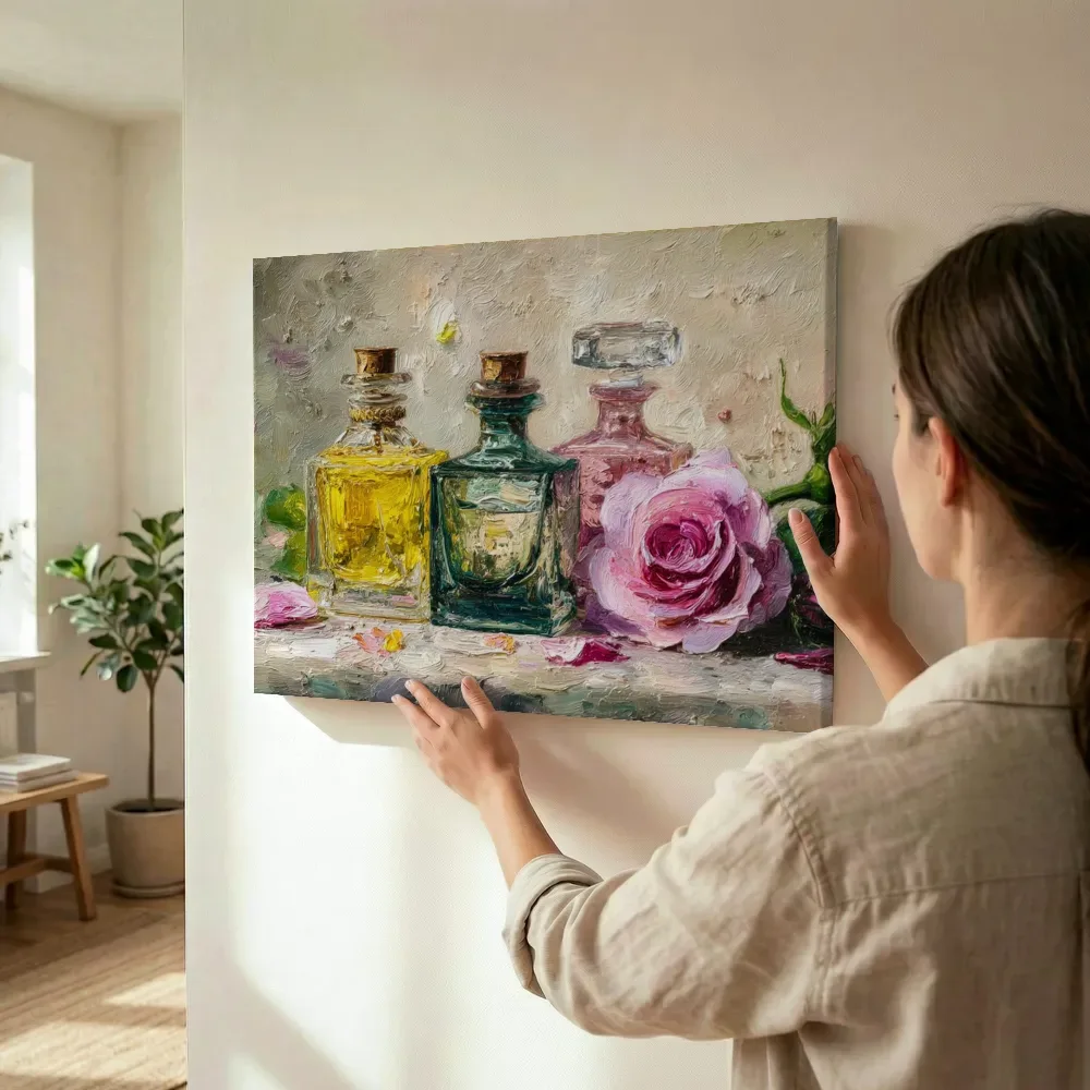 Sfeerimpressie: Parfumflessen met roos op beige achtergrond terwijl het wordt opgehangen