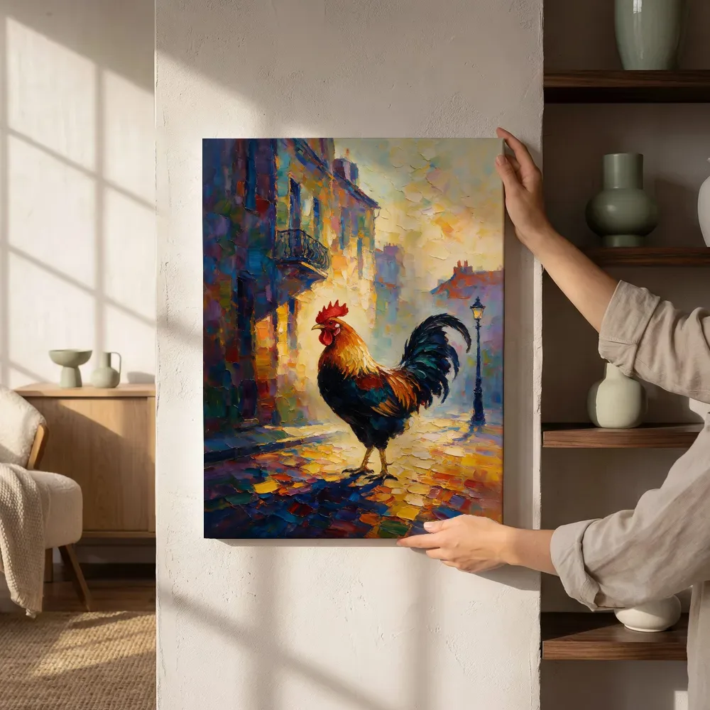 Sfeerimpressie: Parijse gevel licht in de ochtendmist tegen een muur in de schaduw terwijl het aan de muur wordt gehangen
