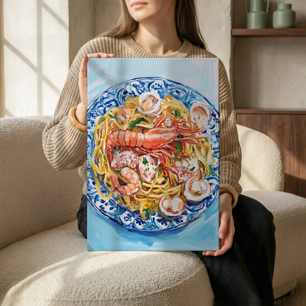 Sfeerimpressie: Pasta met garnalen en Sint-jakobsschelpen terwijl het zittend wordt getoond