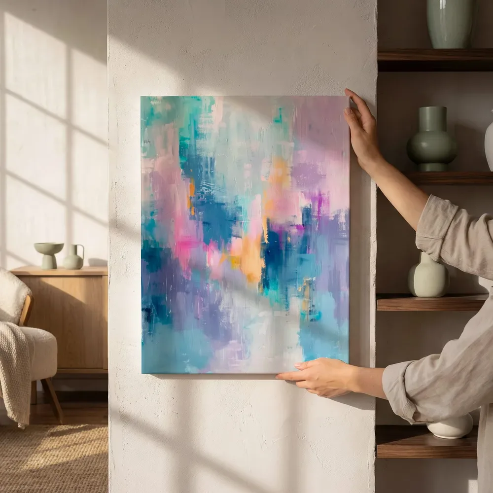 Sfeerimpressie: Pastel abstractie in blauw en perzik naast de kast