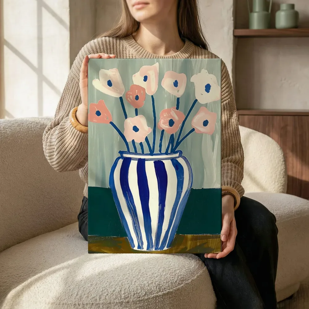 Sfeerimpressie: Pastel anemonen in blauwe vaas terwijl het zittend wordt getoond