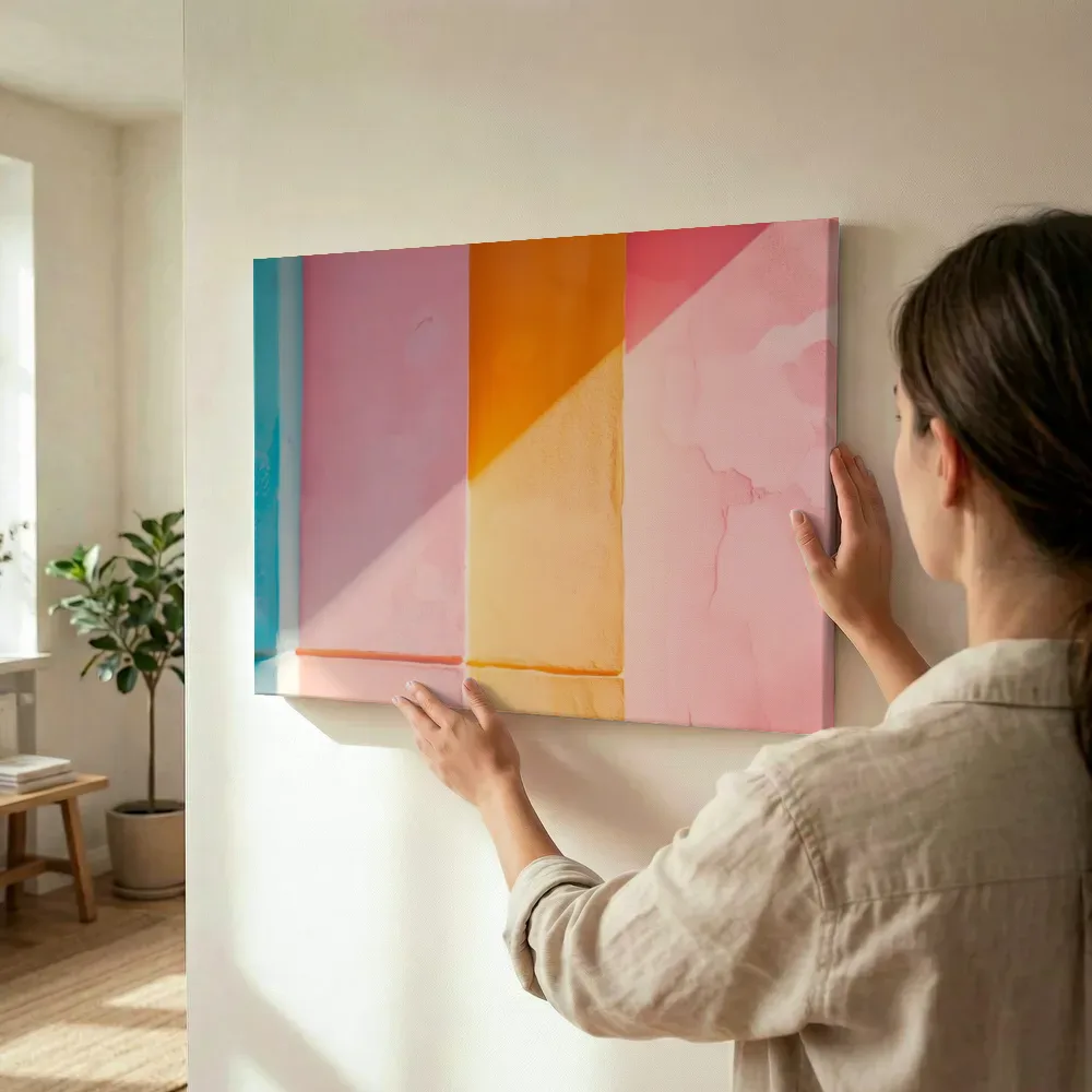 Sfeerimpressie: Pastel architectuur kleurvlakken terwijl het wordt opgehangen