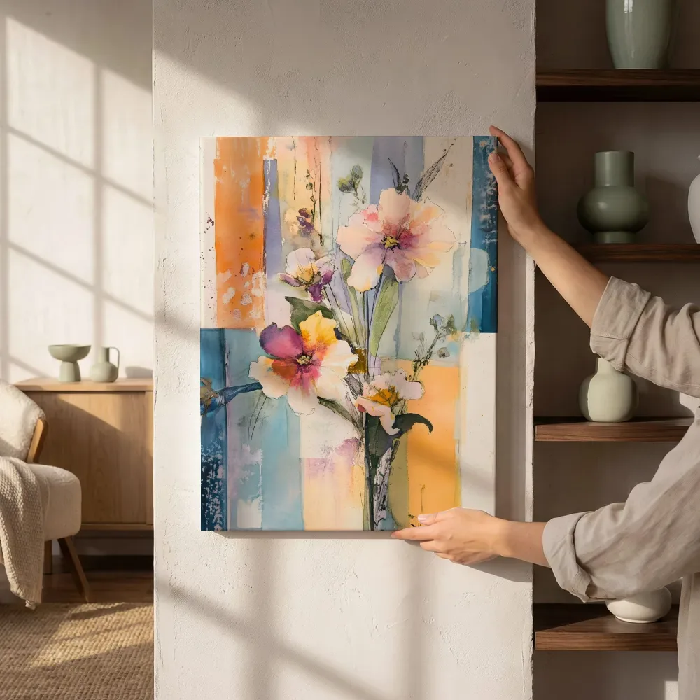 Sfeerimpressie: Pastel bloemenboeket patchwork naast de kast