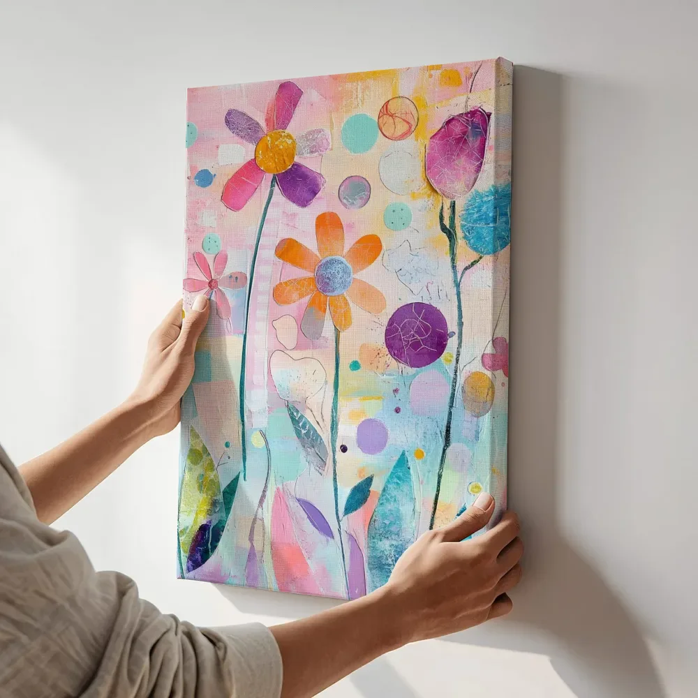 Sfeerimpressie: Pastel bloementuin cirkels terwijl het aan de muur wordt gehangen