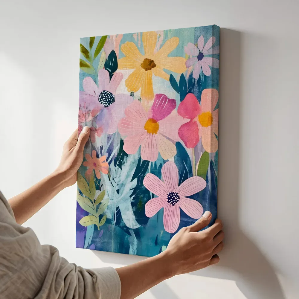 Sfeerimpressie: Pastel bloemenveld schilderij terwijl het aan de muur wordt gehangen