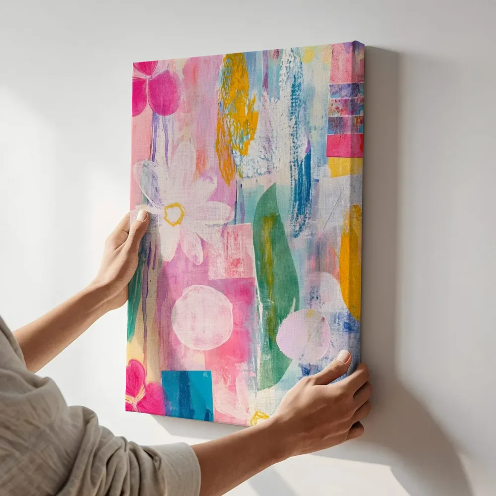 Sfeerimpressie: Pastel bloemenweide schilderij terwijl het aan de muur wordt gehangen