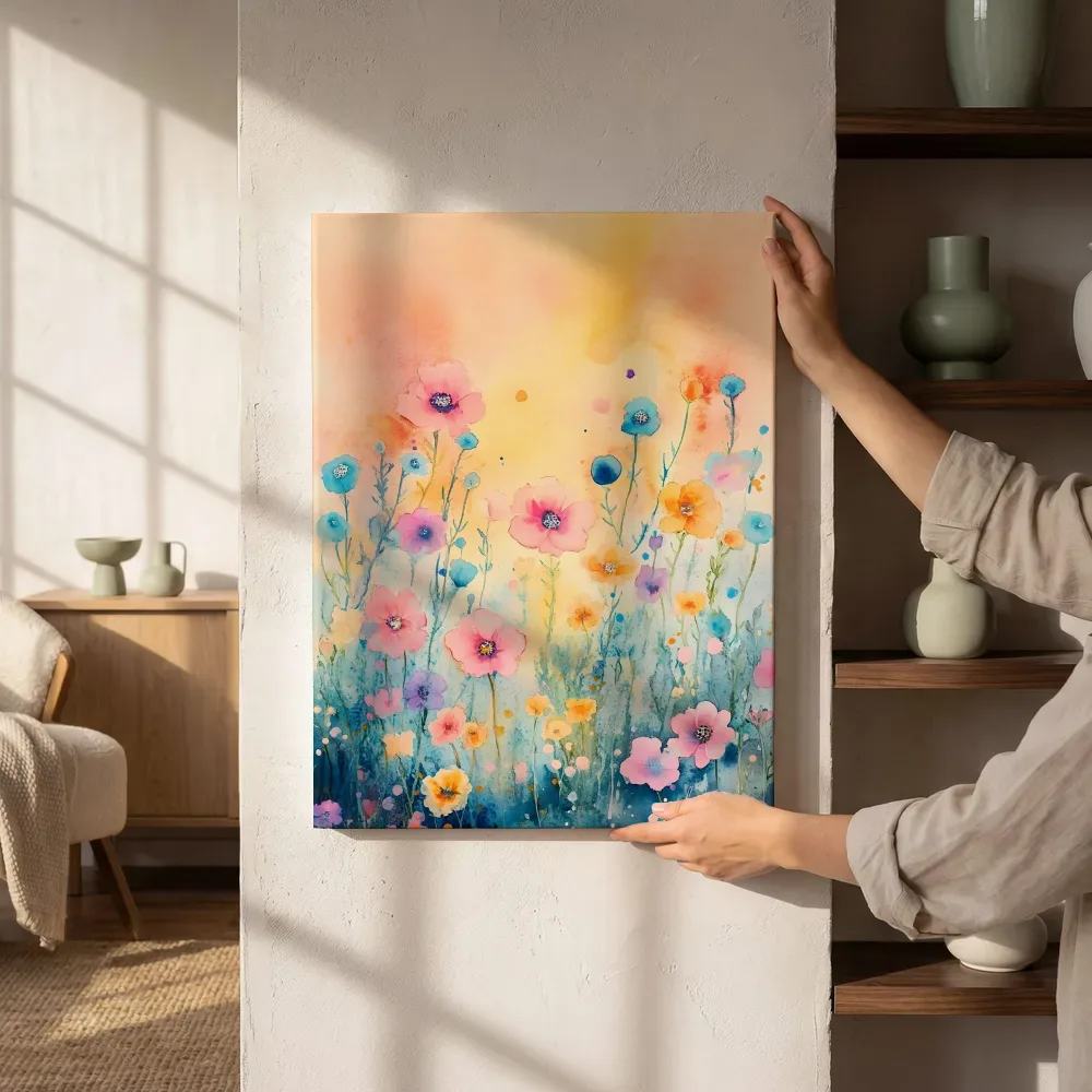Sfeerimpressie: Pastel bloemenweide bij zonsopgang naast de kast