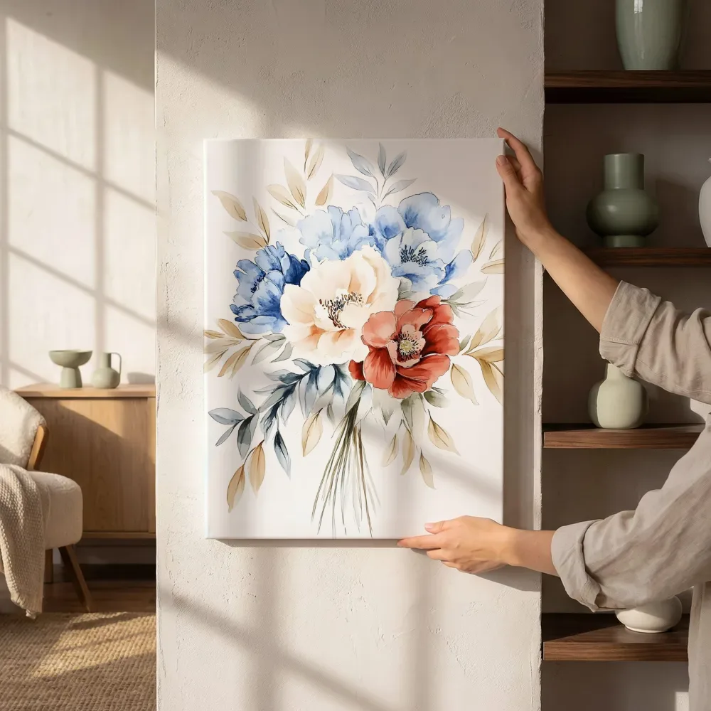 Sfeerimpressie: Pastel boeket met pioenrozen en anemonen naast de kast