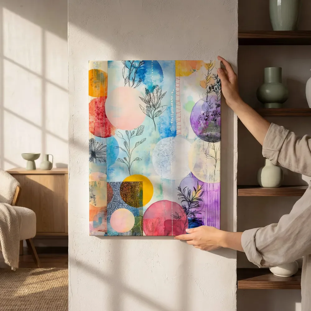 Sfeerimpressie: Pastel cirkels met botanische tekeningen naast de kast