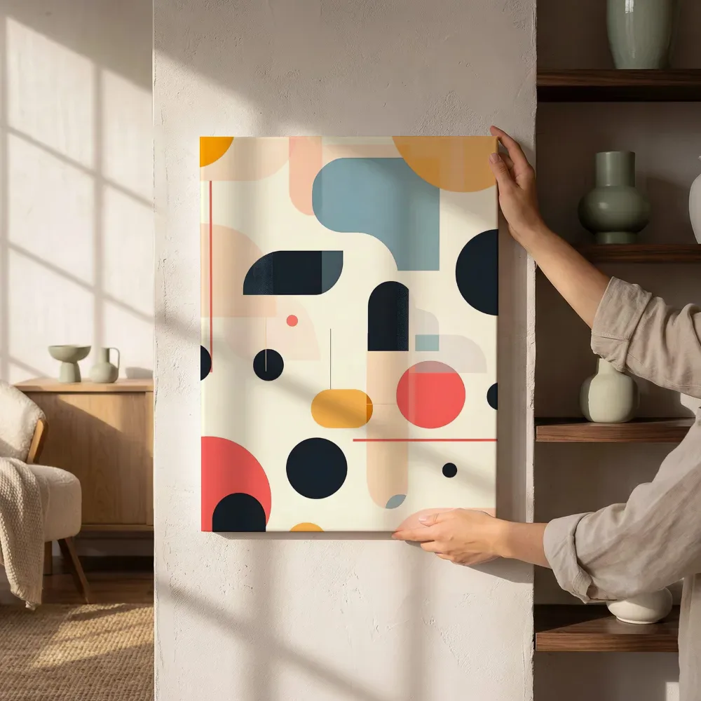 Sfeerimpressie: Pastel geometrische vormen in blauw en roze naast de kast