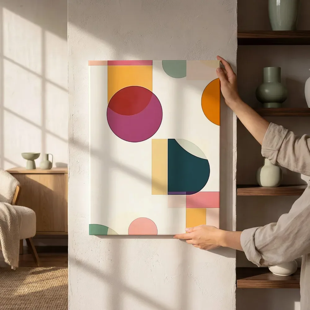 Sfeerimpressie: Pastel geometrische vormencompositie naast de kast