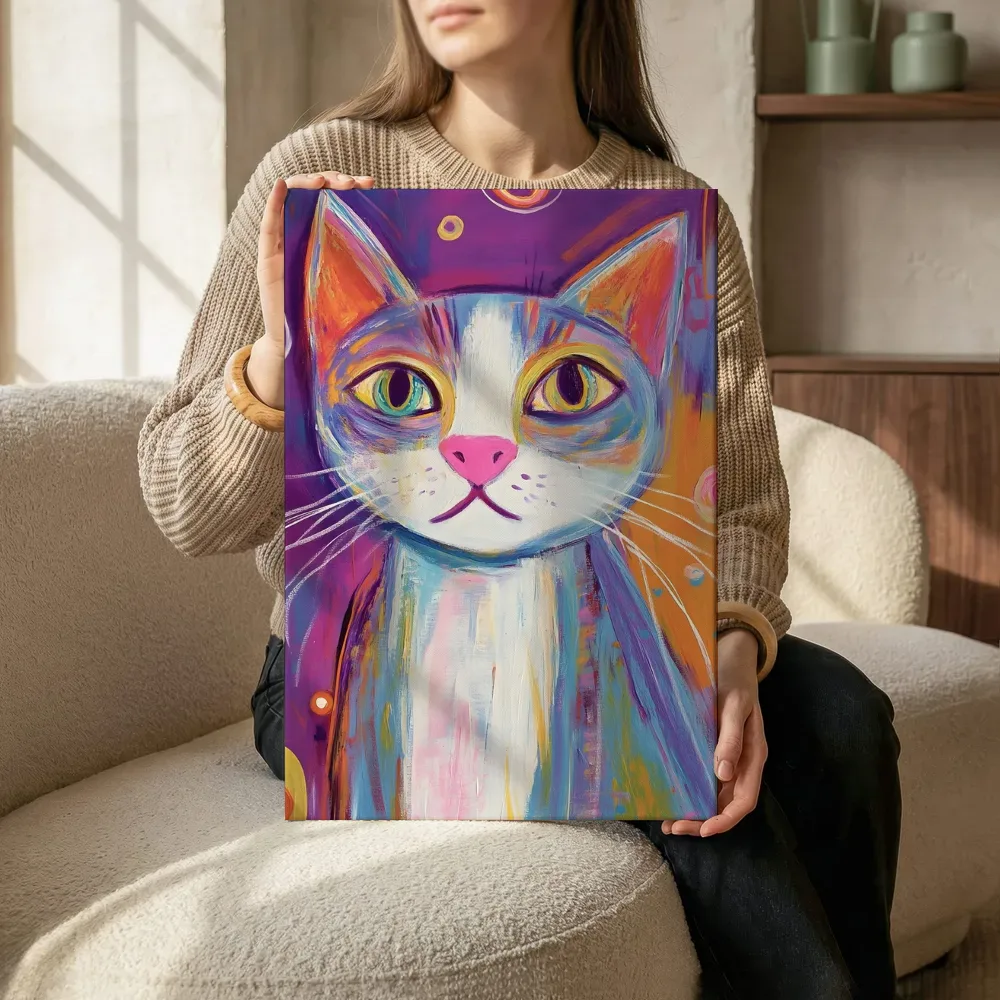 Sfeerimpressie: Pastel kat met kleurrijke cirkels terwijl het zittend wordt getoond