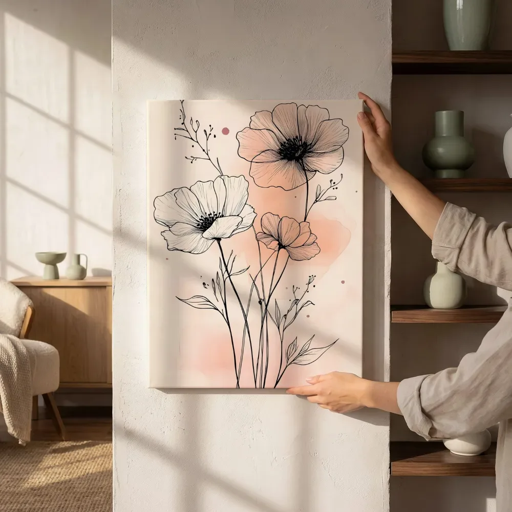 Sfeerimpressie: Pastel klaprozen lijntekening naast de kast