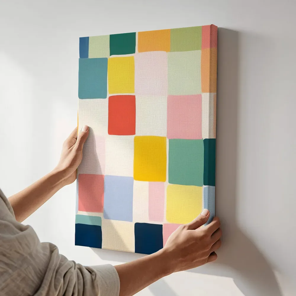 Sfeerimpressie: Pastel kleurenraster terwijl het aan de muur wordt gehangen