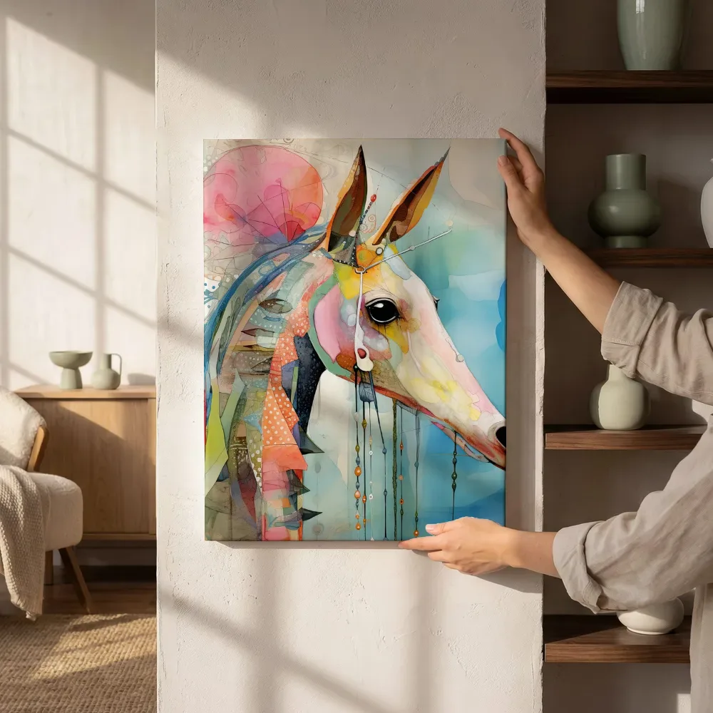 Sfeerimpressie: Pastel paardenkop met roze pompon naast de kast