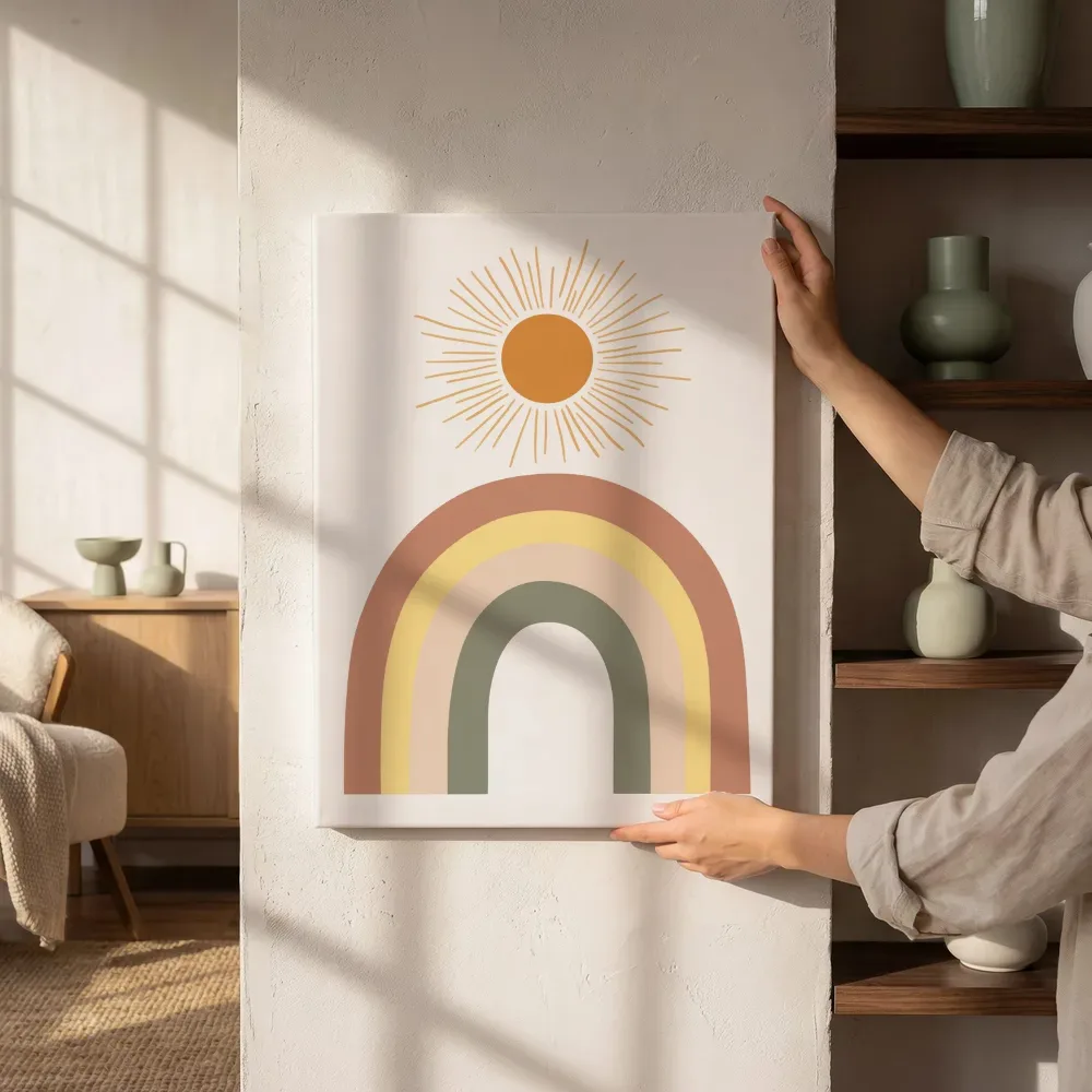 Sfeerimpressie: Pastel regenboog met zonnestralen naast de kast