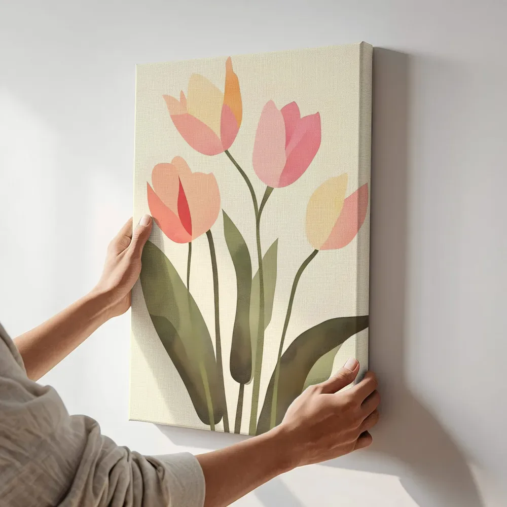Sfeerimpressie: Pastel tulpenboeket terwijl het aan de muur wordt gehangen