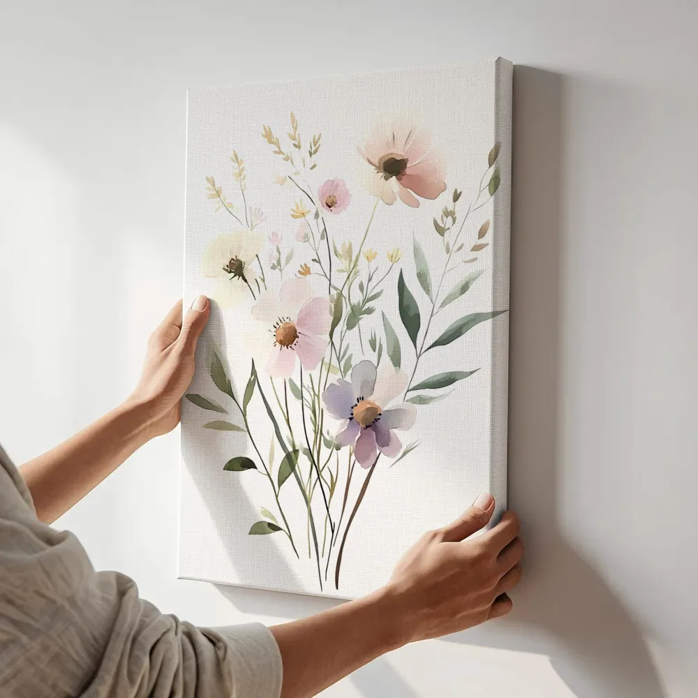 Sfeerimpressie: Pastel wildbloemen boeket terwijl het aan de muur wordt gehangen