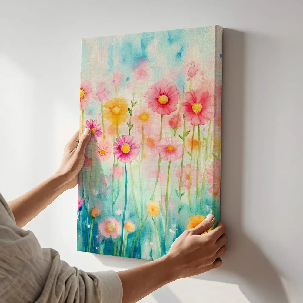Sfeerimpressie: Pastel wilde bloemen weide terwijl het aan de muur wordt gehangen