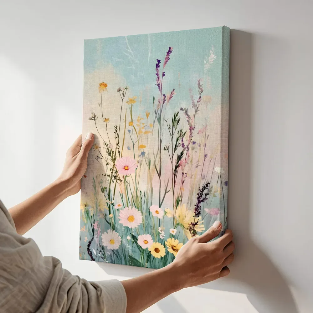 Sfeerimpressie: Pastel wilde bloemenveld terwijl het aan de muur wordt gehangen